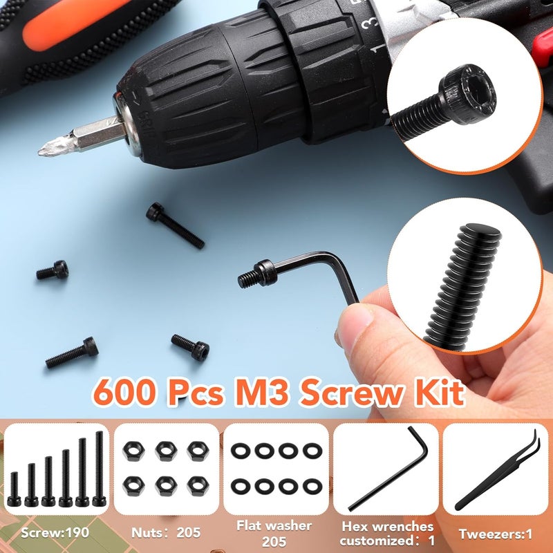 Hapric 600 Pcs M3 Screws Assortment Kit, M3x 6/8/10/12/16/20/25/30mm M3 Screw Kits 12.9 Alloy Steel Nuts and Bolts Assortment Kit Black Zinc Plated Hex Socket Head Screws Nuts Bolts and Washers Set - Image 3